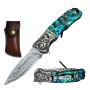 Ball Bearing Damascus Blade Pocket Knife with Abalone Handle